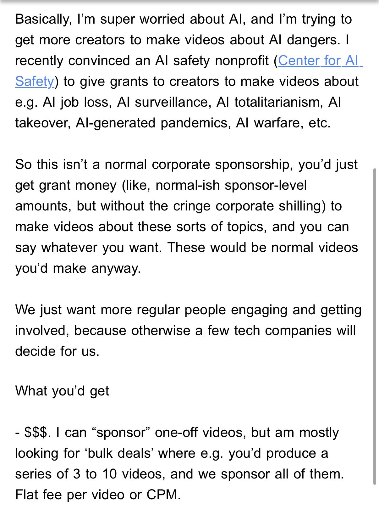 Screenshot of a message offering grants for creators to make videos about AI dangers