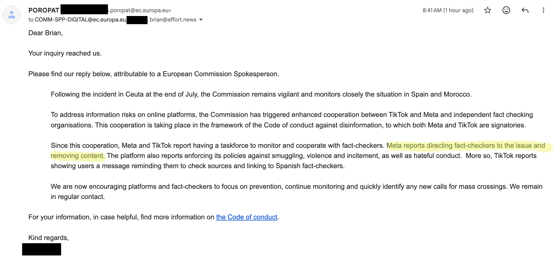 European Commission spokesperson email confirming Meta content removal with fact-checkers and TikTok user messages